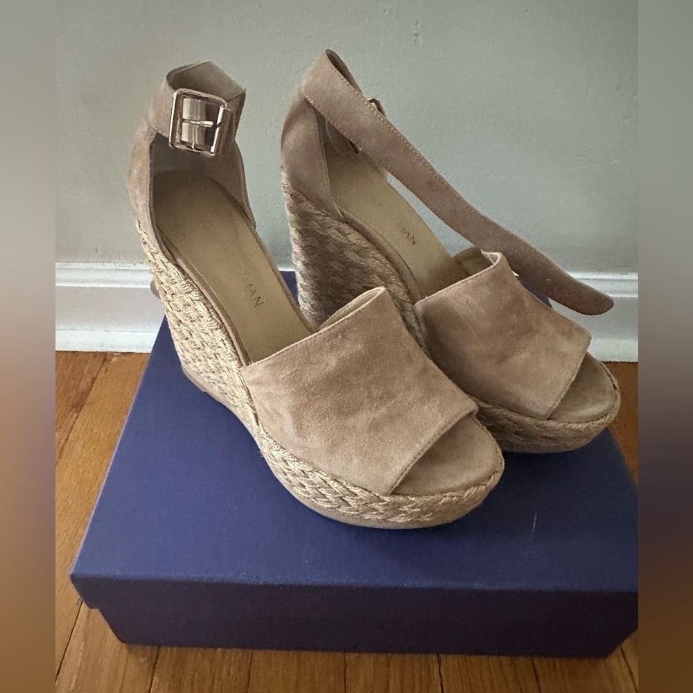 Stuart Weitzman SOHO JUTE , tan Espadrille Wedge Sandals , size 8